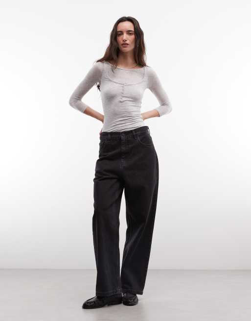 Weekday top henley a maniche tre quarti con effetto stratificato in grigio mélange, 4 di 4