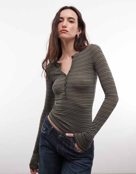 Weekday top henley z długim rękawem w czarno-khaki paski - view 1
