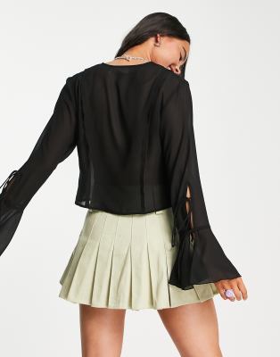 Top in chiffon di poliestere da annodare davanti nero - BLACK - Weekday Camicia donna  - immagine2