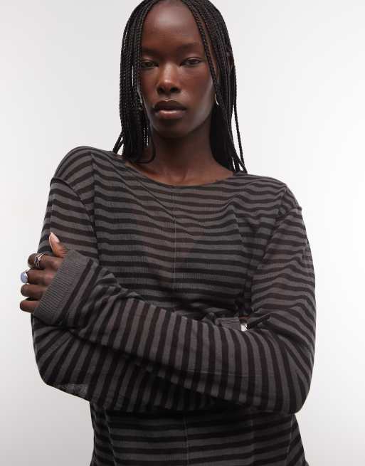 Weekday top in maglia trasparente con scollo a barchetta e dettaglio cucitura frontale a righe grigie