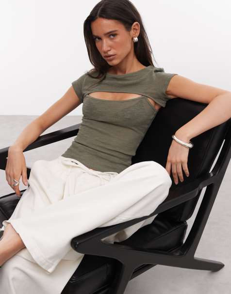 Weekday - Top kaki semitrasparente a maniche corte con dettaglio stile bolero - view 1
