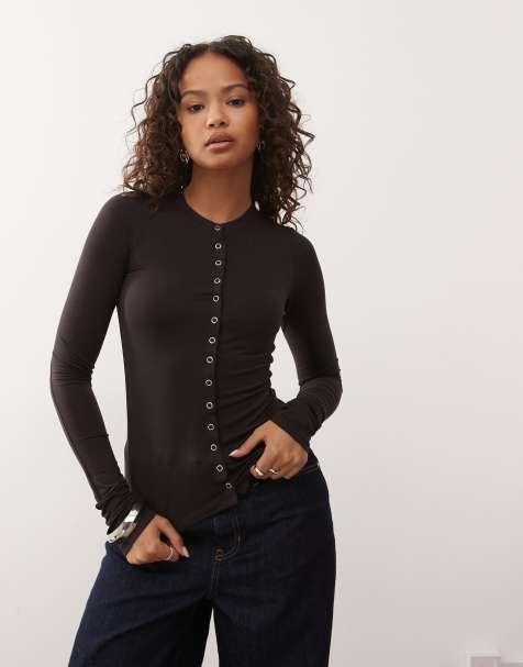 Weekday - Top manches longues boutonné coupe slim - Marron foncé - view 1