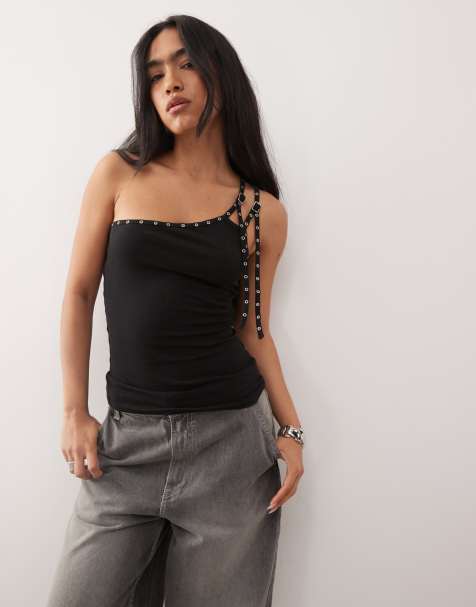 Weekday - Top met blote schouder en bandjes met oogjes in zwart - view 1