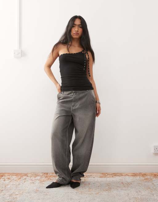Weekday - Top met blote schouder en bandjes met oogjes in zwart, 2 van 4