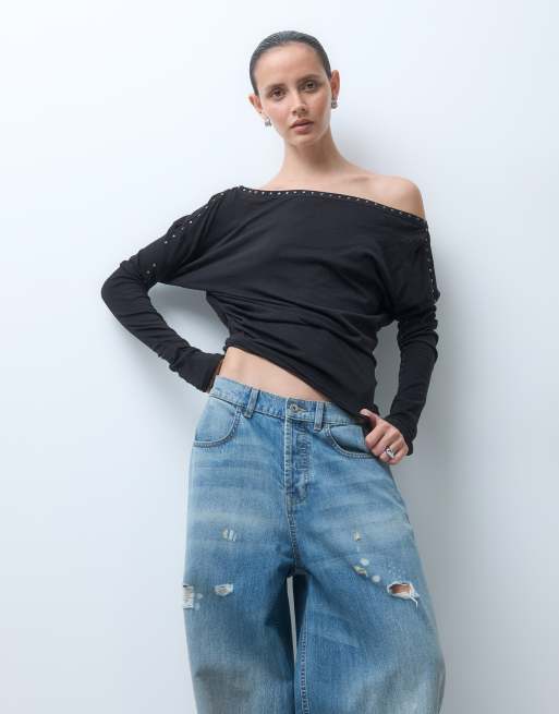 Weekday top met blote schouders, lange mouwen en studs in zwart, 5 van 5