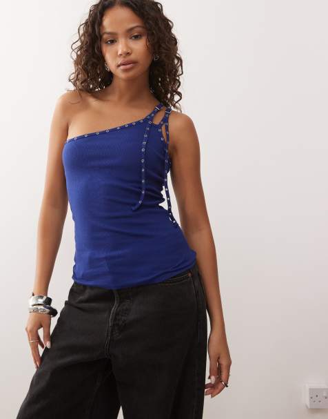 Weekday - Top monospalla blu reale con fascette sottili e occhielli - view 1