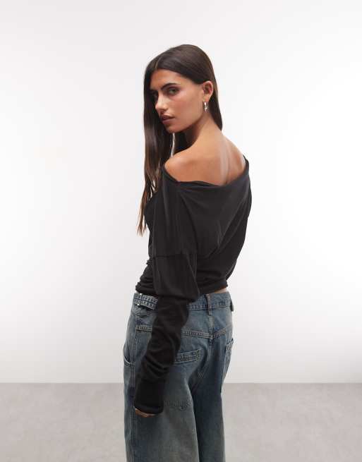 Weekday top semitrasparente a maniche lunghe con spalle scoperte nero in esclusiva per ASOS, 4 di 4