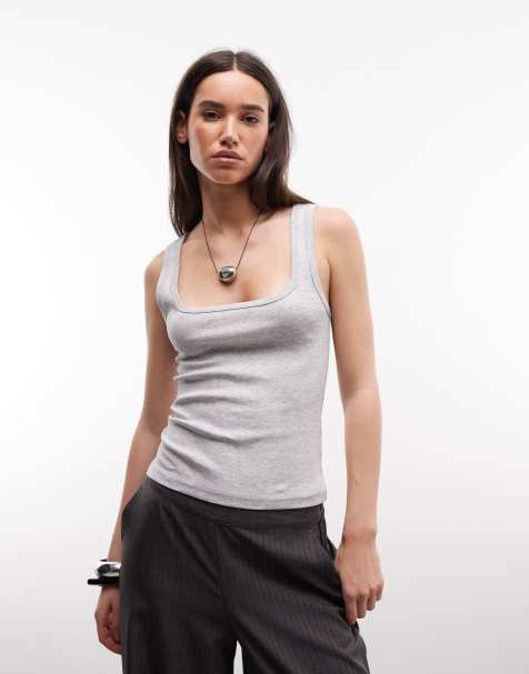 Weekday - Top senza maniche grigio mélange a coste con scollo squadrato - view 1