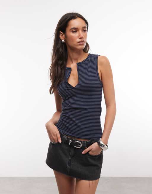 Weekday - Top senza maniche nero e blu navy a righe con scollo a V e intaglio