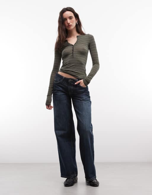 Weekday top serafino a maniche lunghe a righe nere e kaki, 2 di 4
