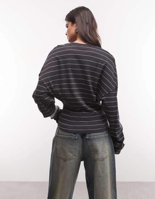 Weekday top serafino a maniche lunghe con vita stretta a righe grigie, 4 di 4