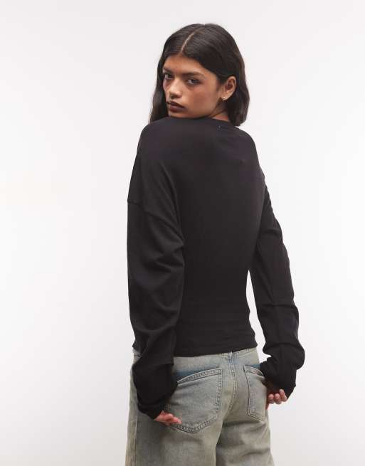 Weekday top serafino a maniche lunghe con vita stretta nero in esclusiva per ASOS, 4 di 4