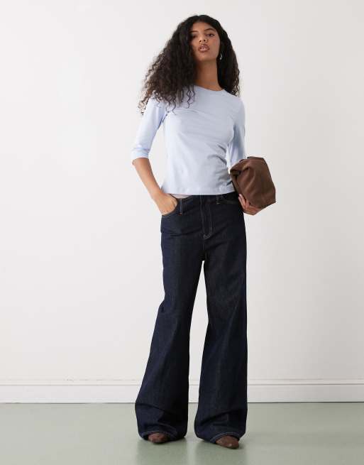 Weekday - Top slim con maniche a tre quarti azzurro, 2 di 4
