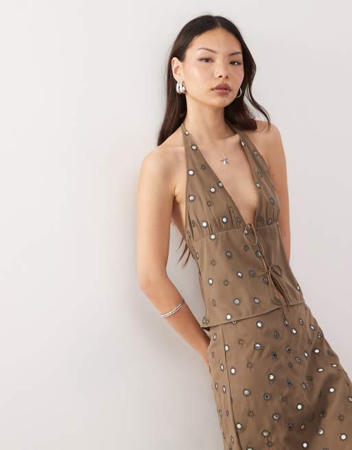 Weekday – Top w kolorze khaki z dekoltem typu halter i zdobieniem lustrzanymi cekinami, część zestawu
