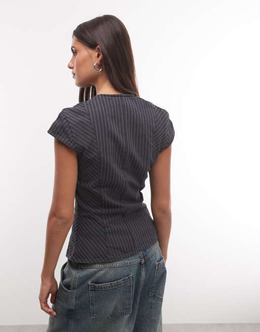 Weekday top with hook and eye detail in black stripe, 4 of 4
