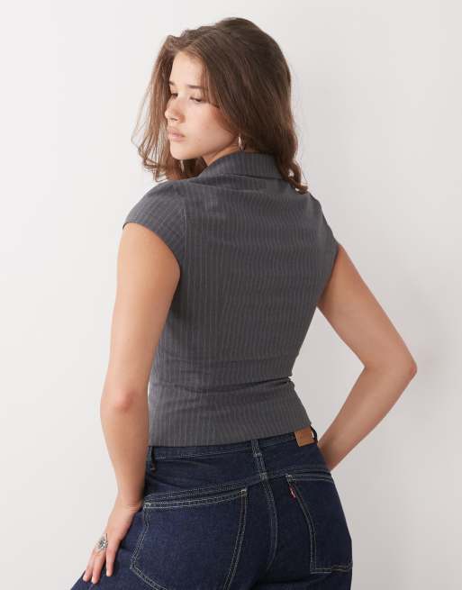 Weekday - Top zippé à mancherons et fines rayures - Gris foncé, 4 de 4