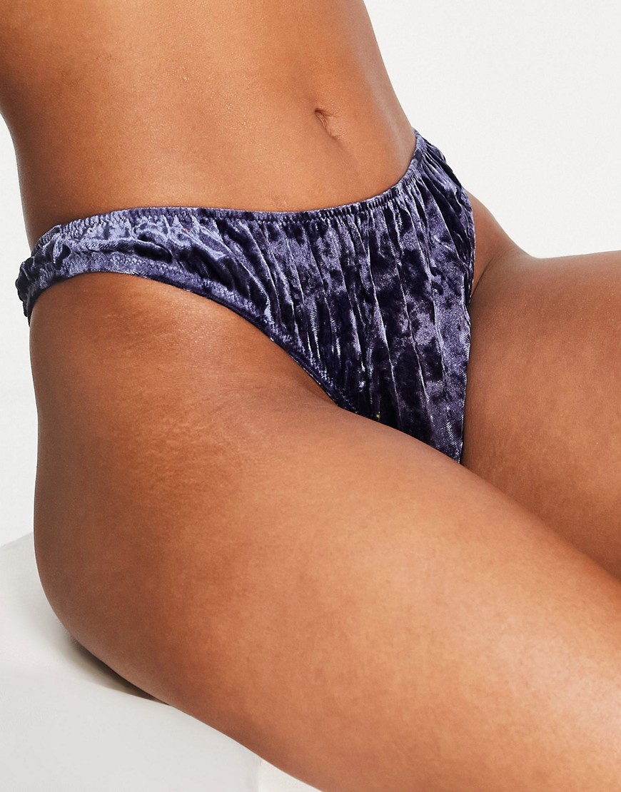 Weekday Tora recycled polyester velvet high cut thong in navy