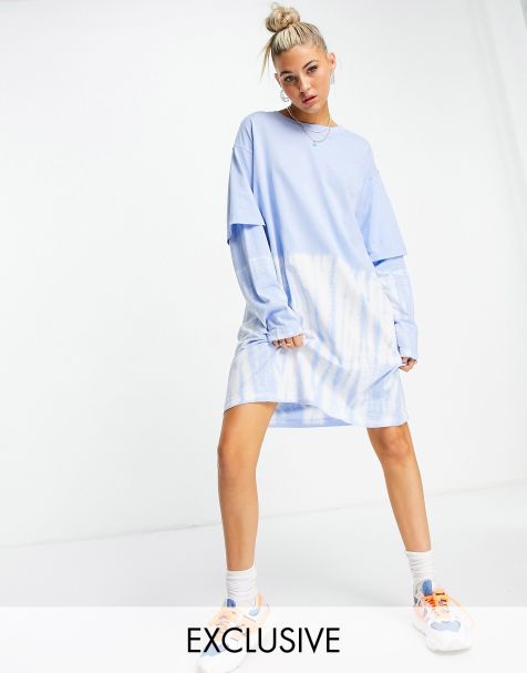 Weekday Tracy long sleeved t-shirt dress in blue tie dye - view 1