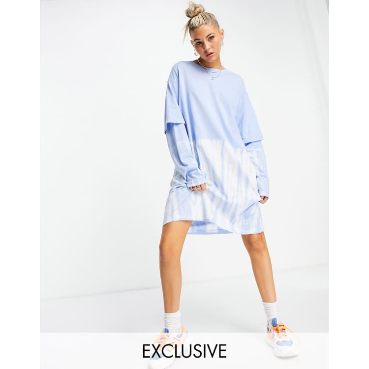 Weekday Tracy long sleeved t-shirt dress in blue tie dye