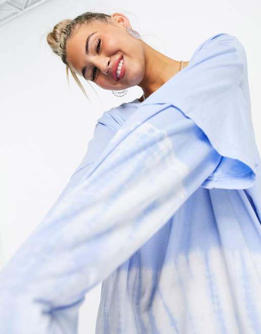 Weekday Tracy long-sleeved T-shirt dress in blue tie-dye, 3 of 4
