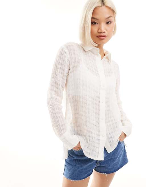Weekday – Transparente, strukturierte Leinen-Hemdbluse in gebrochenem Weiß