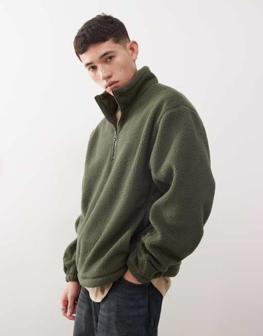 Weekday – Travis – Polarowa bluza z kożuszka w kolorze khaki z zapięciem na suwak pod szyją