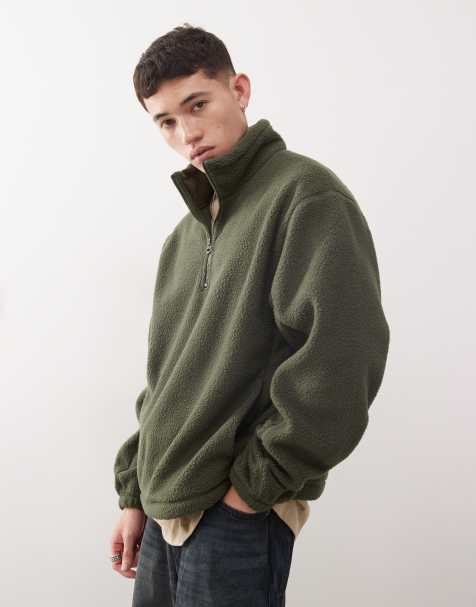 Weekday – Travis – Teddyfell-Sweatshirt in Khaki mit kurzem Reißverschluss - view 1