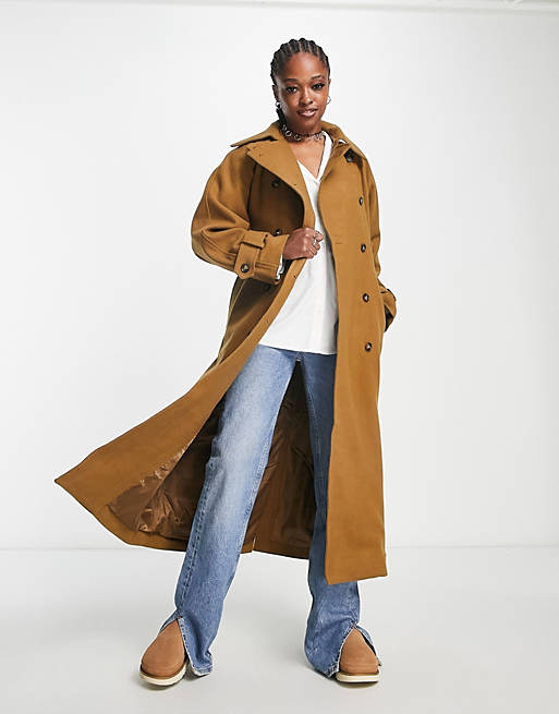 Weekday Travis wool trench coat with tie waist in brown