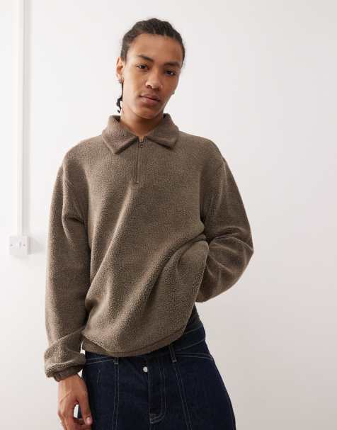 Weekday - Trevor - Felpa in pile marrone slavato con colletto e zip corta - view 1