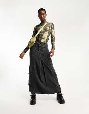 Weekday Turn printed long sleeve top with exposed seam detail in khaki