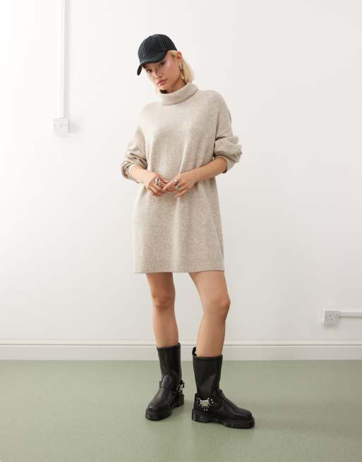 Weekday turtle neck knit mini dress in heathered beige - exclusive to ASOS