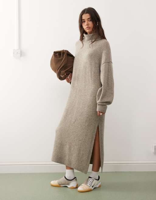 Weekday turtle neck knitted maxi dress in light mole melange exclusive to ASOS