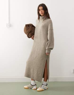 Weekday turtle neck knitted maxi sweater dress in light mole melange exclusive to ASOS-Brown
