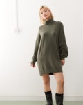 [Weekday] Weekday turtle neck knitted mini dress in khaki melange - Exclusive to ASOS-Green M khaki melange