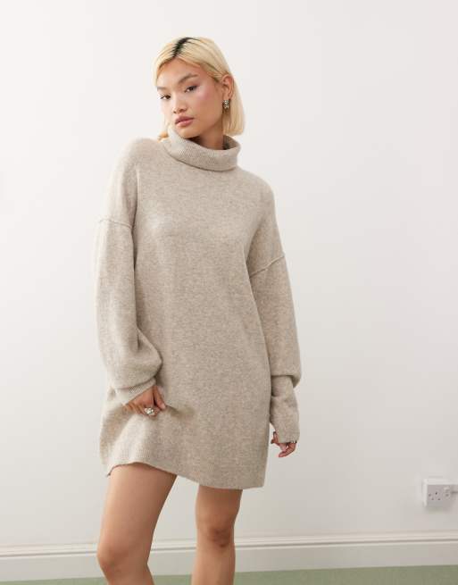 Weekday turtle neck knitted mini jumper dress in beige melange exclusive to ASOS, 2 of 4