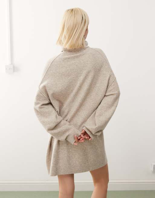 Weekday turtle neck knitted mini jumper dress in beige melange exclusive to ASOS, 3 of 4