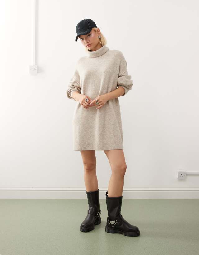 weekday knitted dress turtle neck mini sweater in beige melange exclusive to ASOS kiwii_midi_length