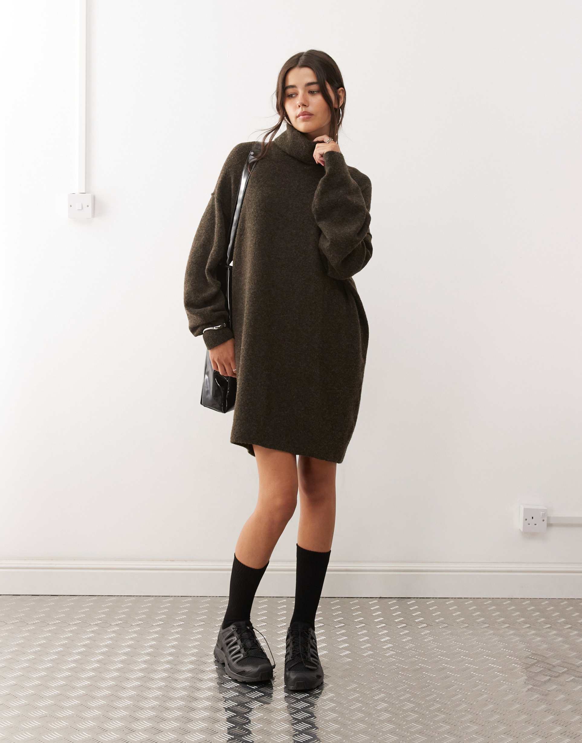 weekday turtle neck knitted mini sweater dress in dark brown melange exclusive to asos