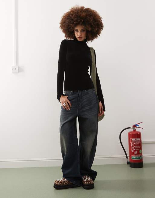 Weekday Una chenille turtleneck top in black ASOS