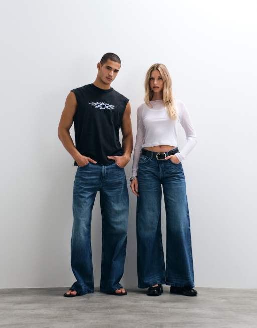 Weekday - Uniseks jeans met wijde pijpen in blauwe wassing, 2 van 5