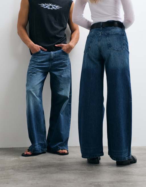 Weekday - Uniseks jeans met wijde pijpen in blauwe wassing, 3 van 5