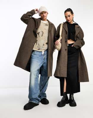 Weekday Unisex Albin Wool Blend Overcoat In Mole Exclusive To Asos-brown