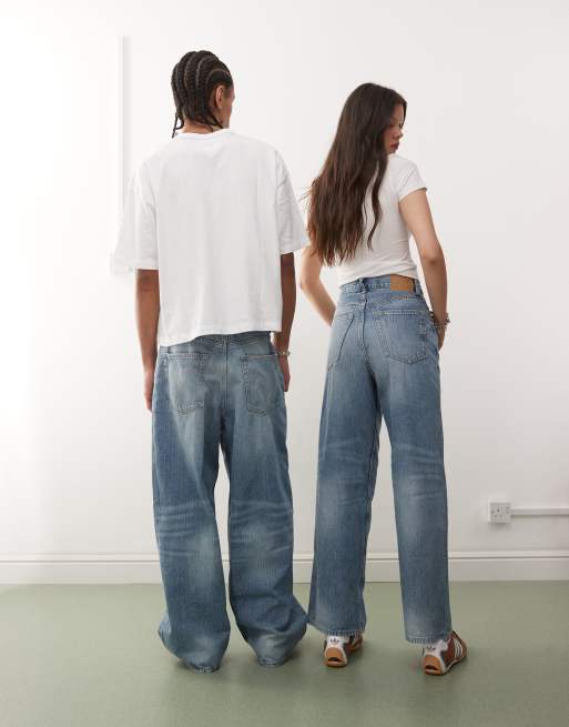 Weekday Unisex Astro baggy wide leg jeans in blue | ASOS