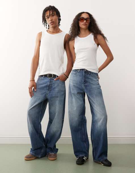 Weekday Unisex Astro loose fit wide leg jeans in faded dark blue wash - view 1