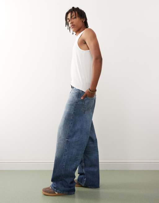 Weekday Unisex Astro loose fit wide leg jeans in faded dark blue wash