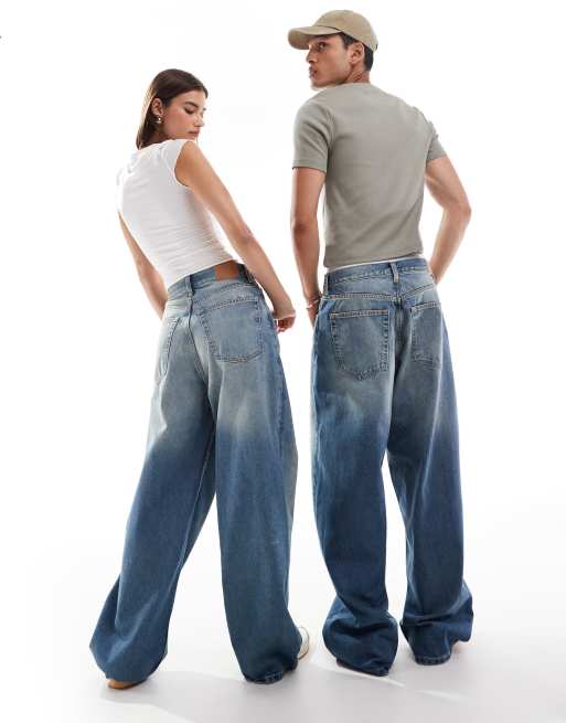 Weekday Unisex Astro loose fit wide leg jeans in streaky blue wash