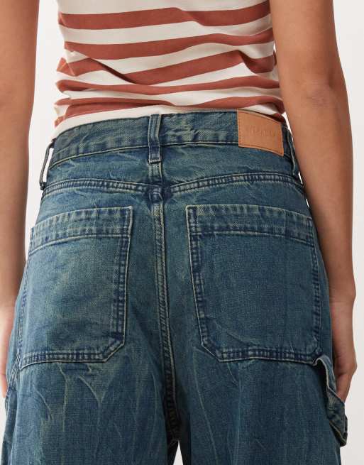 Weekday Unisex Bash loose fit wide leg carpenter jeans in petrol blue, 5 of 5