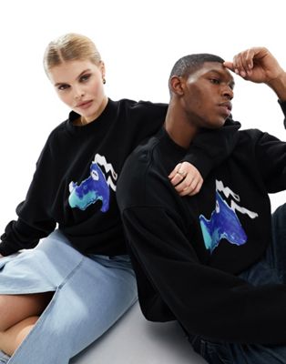 Weekday Unisex Boxy Fit Sweatshirt With Animal Cartoon Graphic Print In Black Exclusive To Asos