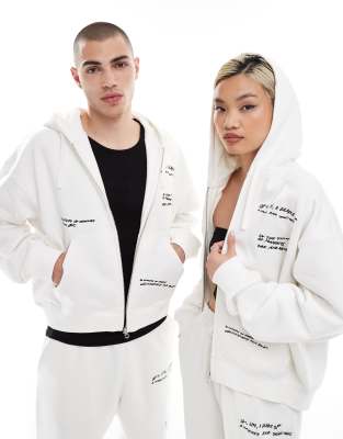 Unisex boxy fit zip up hoodie with graphic text print in off-white - part of a set - Exclusive to ASOS