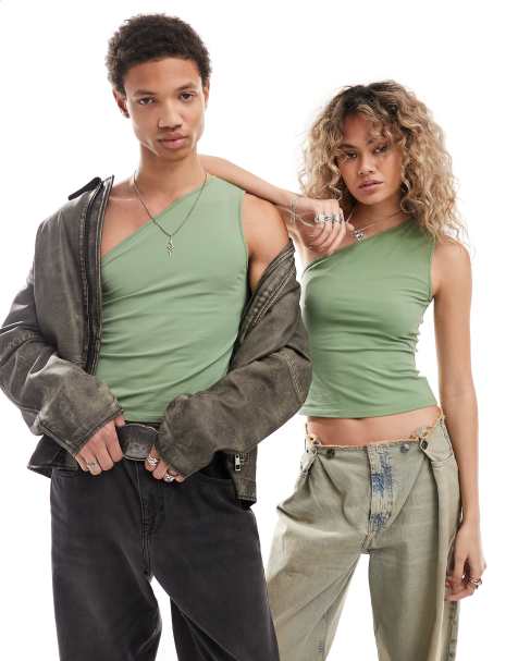 Weekday Unisex Cindy one shoulder top in green exclusive to ASOS - view 1